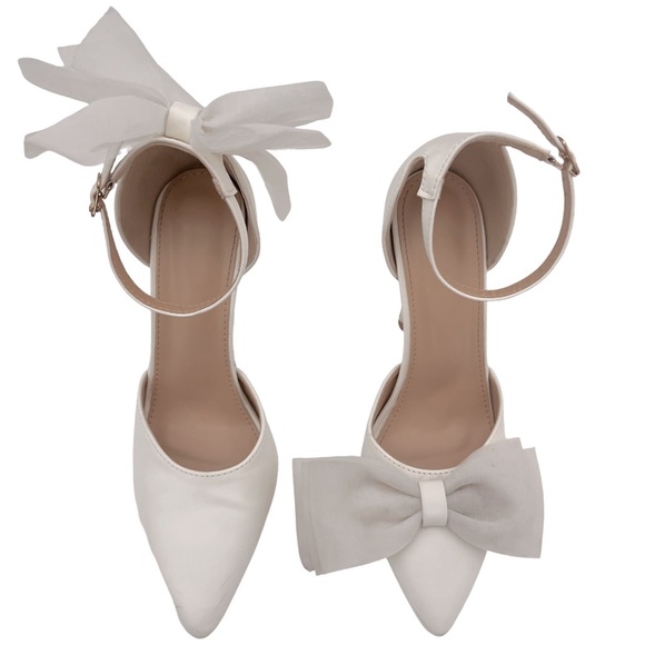 White Pointed Toe Asymmetrical Tulle Bow Stiletto High Heels - Picture 2 of 13